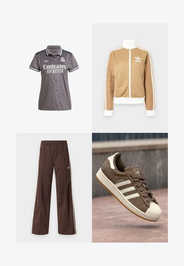 Tan zip-up jacket with white accents and three white stripes on sleeves. Features textured woven design on one sleeve. Adidas logo on chest.; Grey polo shirt with a subtle textured pattern, white "Emirates" logo, and Adidas emblem; features a classic collar and striped accents.; Brown athletic pants with a wide-leg design, white side stripes, an elastic waistband, and two side pockets. Features small logo on the leg.; Brown suede sneaker with white stripes, cream accents, and a rubber shell toe. Features lace-up design and textured gum sole.