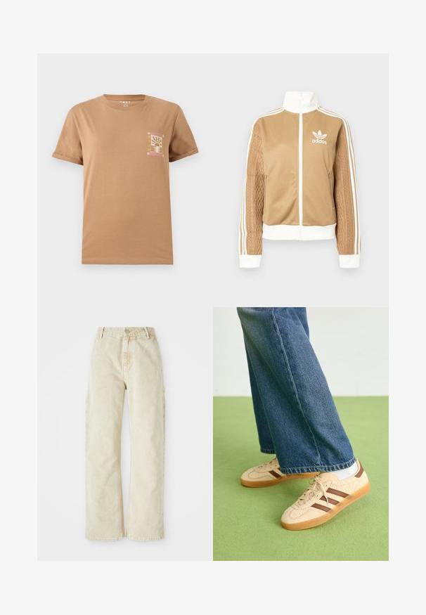 Hnedá mikina na zips s bielymi akcentmi a tromi bielymi pruhmi na rukávoch. Obsahuje textúrovaný tkaný vzor na jednom rukáve. Logo Adidas na hrudi.; Hnedé bavlnené tričko s krátkymi rukávmi. Obsahuje malú, farebnú grafiku v oblasti ľavého hrudníka, zobrazenú v téme západu slnka.; Pieskové široké džínsy s vysokým pásom, ktoré majú predné zapínanie na gombík a zips, pútka na opasok a bočné vrecká. Mäkka textúra.; Béžové tenisky s textúrovanými krémovými panelmi a hnedými pruhmi, skombinované s modrými džínsami. Džínsy majú široké nohavice a roztrhnutý lem.