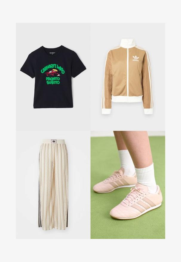Jachetă zip-up de culoare bej cu accente albe și trei dungi albe pe mâneci. Prezintă un design țesut texturat pe o mânecă. Logo-ul Adidas pe piept.; Tricou din bumbac negru cu mâneci scurte, având un grafic colorat cu un personaj de desene animate și textul "CARHARTT WIP PRONTO SUBITO" în verde și roșu.; Pantaloni largi de culoare crem, cu un model în zigzag, având un brâu cu logo negru și dungi laterale negre. Material ușor, texturat.; Pantofi sport de culoare roz deschis, cu cusături diagonale, tălpi albe și trei dungi laterale. Purtați cu șosete albe cu model în relief pe o suprafață verde.