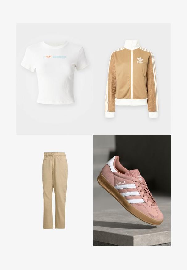 Hnědá zipová bunda s bílými akcenty a třemi bílými pruhy na rukávech. Obsahuje texturovaný tkaný design na jednom rukávu. Logo Adidas na hrudi.; Bílý zkrácený tričko vyrobené z bavlny. Na přední straně je nápis "I ❤️ SURF" v světle modré a oranžové barvě. Krátké rukávy a kulatý výstřih.; Khaki bavlněné kalhoty s rovnými nohavicemi, s předním zapínáním na knoflík, se dvěma bočními kapsami a minimálním brandingem na přední straně.; Růžové semišové tenisky s bílými pruhy, gumovou podrážkou, texturovaným svrškem a logem na jazyku. Klasický nízký design.