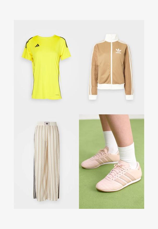 Zipper športna bunda v rjavi barvi z belimi dodatki in tremi belimi črtami na rokavih. Ima strukturiran tkaninski vzorec na enem rokavu. Adidasov logotip na prsih.; Rumena atletska majica iz zračnega blaga, z okroglo ovratnikom, kratkimi rokavi, črnimi stranskimi črtami in detajlom "AEROREADY".; Hlače širokega kroja kremne barve z zigzag vzorcem, opremljene z črnim logotipom na pasu in stranskimi črnimi črtami. Lahka, teksturirana tkanina.; Svetlo roza športni čevlji z diagonalnim šivom, belimi podplati in tremi stranskimi črtami. Oblečeni z rebrastimi belimi nogavicami na zeleni površini.
