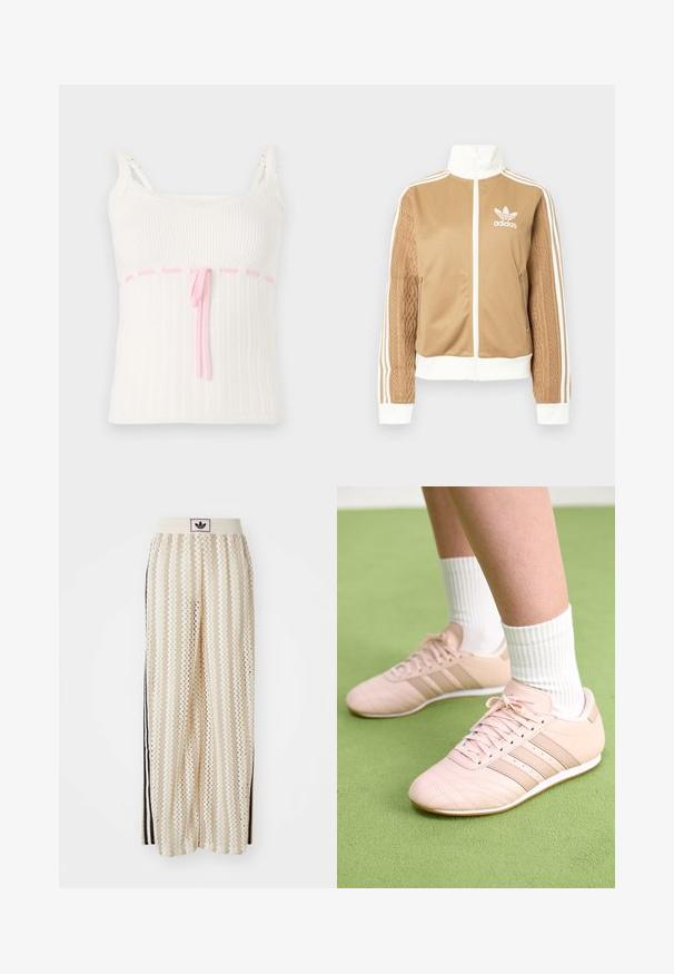 Tan zip-up jacket with white accents and three white stripes on sleeves. Features textured woven design on one sleeve. Adidas logo on chest.; White ribbed tank top with a fitted design, featuring a pink drawstring waist and lace trim on the straps. Textured with a subtle pattern.; Cream-colored wide-leg pants with a zigzag pattern, featuring a black logo waistband and side black stripes. Lightweight, textured fabric.; Light pink athletic shoes with diagonal stitching, white soles, and three lateral stripes. Worn with ribbed white socks on green surface.