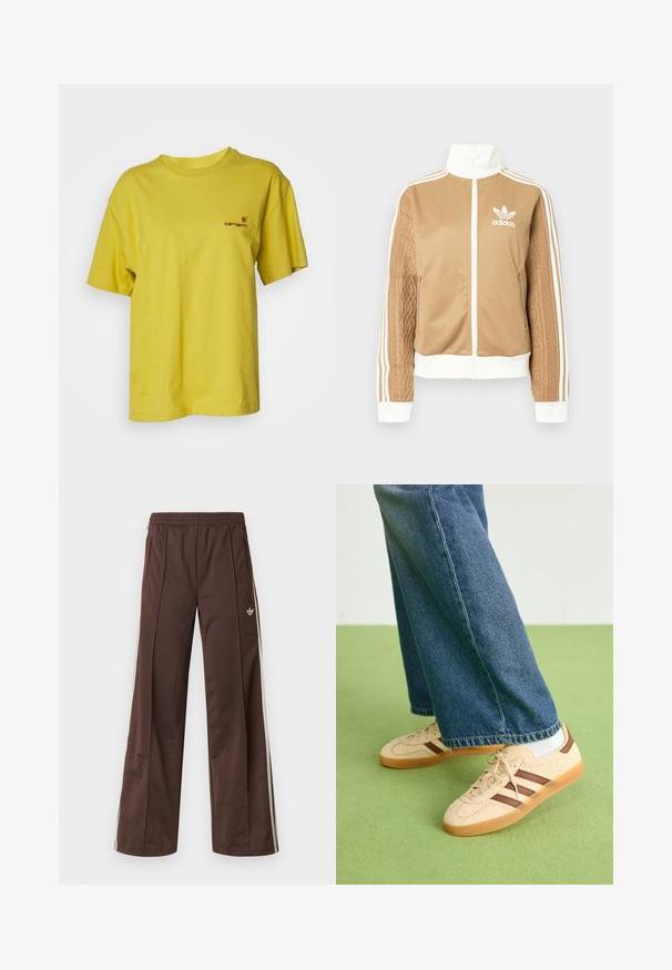 Tan zip-up jacket with white accents and three white stripes on sleeves. Features textured woven design on one sleeve. Adidas logo on chest.; Carhartt WIP AMERICAN SCRIPT - Basic T-shirt - golden olive; Brown athletic pants with a wide-leg design, white side stripes, an elastic waistband, and two side pockets. Features small logo on the leg.; Beige sneakers with textured cream panels and brown stripes, paired with blue denim jeans. The jeans have a wide leg and frayed hem.