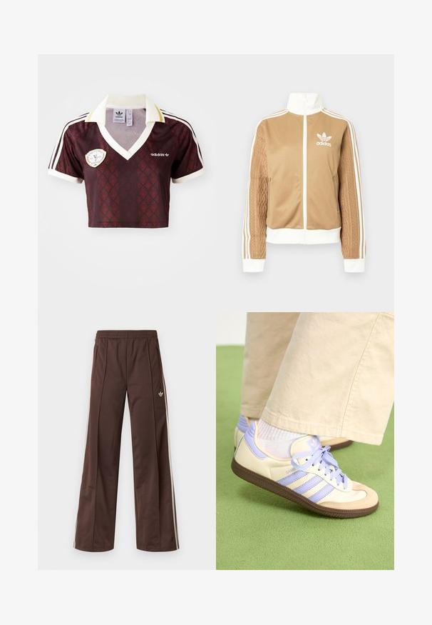 Brun zip-up jakke med hvite detaljer og tre hvite striper på ermene. Har et teksturert vevd design på den ene ermen. Adidas-logo på brystet.; Kappet burgunder sportsskjorte med et gjentagende mønster, hvit krage og tre hvite striper på ermene. Har et Adidas-logo og badge.; Brune treningsbukser med vid ben-design, hvite sidestriper, elastisk midje og to sidelommer. Har en liten logo på benet.; Kremfargede og lavendelfargede joggesko med tre striper og en teksturert brun såle, med lisser og en polstret hæl. Mykt stofføvre.