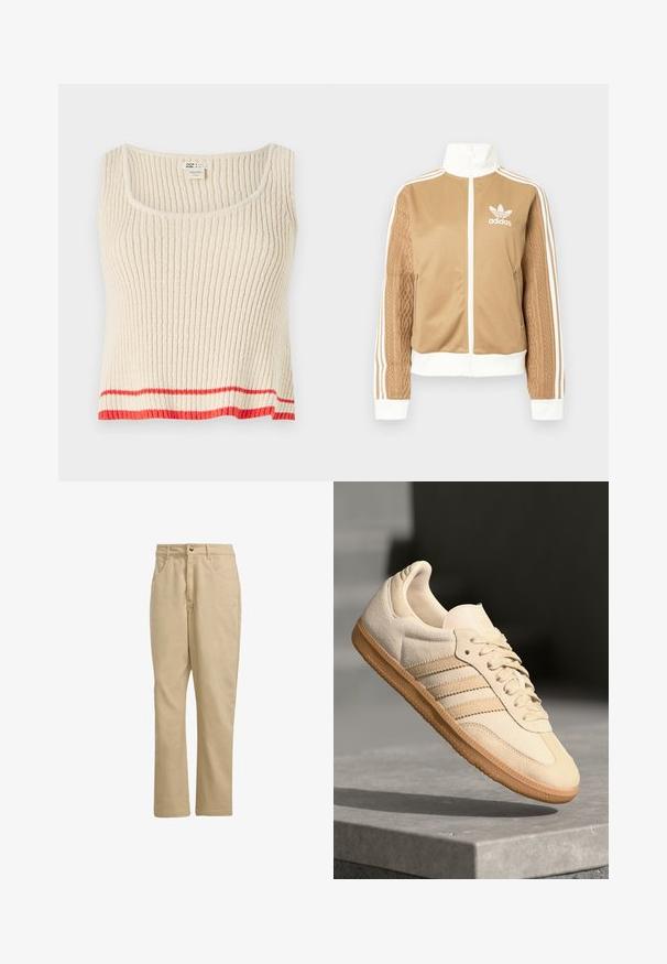 Tan zip-up jakke med hvide accenter og tre hvide striber på ærmerne. Har et tekstureret, vævet design på det ene ærme. Adidas-logo på brystet.; Cremefarvet ribbet tanktop med rund halsudskæring og en rød horisontal stribe ved kanten. Blødt, struktureret stof med en afslappet pasform.; Khaki bomuldsbukser med lige snit, der har en frontknaplukning, to sidelommer og minimal branding foran.; Lys beige ruskinds sneakers med gummisål, tre diagonale striber og en tekstureret tætsko. Har logo på tungen og siden.