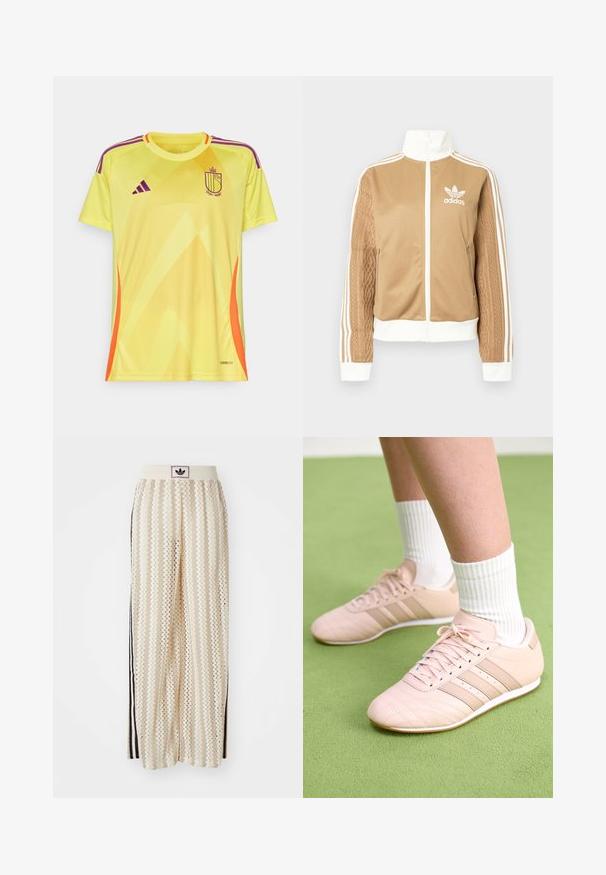 Zipper športna bunda v rjavi barvi z belimi dodatki in tremi belimi črtami na rokavih. Ima strukturiran tkaninski vzorec na enem rokavu. Adidasov logotip na prsih.; Rumena nogometna majica z gradientnim vzorcem, vijoličnimi in oranžnimi detajli, okroglim ovratnikom, kratkimi rokavi in logotipom na prsih. Lahki material.; Hlače širokega kroja kremne barve z zigzag vzorcem, opremljene z črnim logotipom na pasu in stranskimi črnimi črtami. Lahka, teksturirana tkanina.; Svetlo roza športni čevlji z diagonalnim šivom, belimi podplati in tremi stranskimi črtami. Oblečeni z rebrastimi belimi nogavicami na zeleni površini.