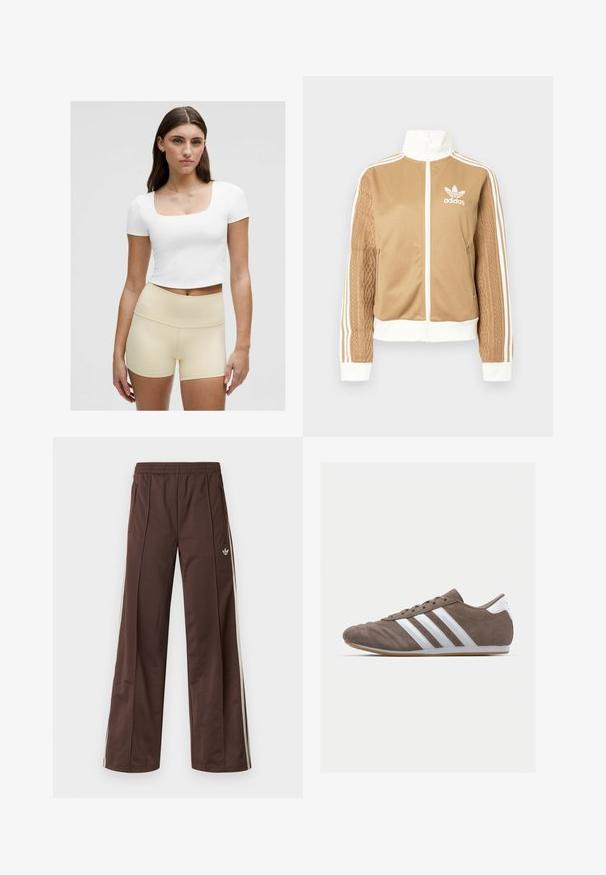Tan zip-up jack met witte accenten en drie witte strepen op de mouwen. Heeft een gestructureerd geweven ontwerp op één mouw. Adidas-logo op de borst.; Witte croptop met een vierkante halslijn, gecombineerd met lichtbeige high-waisted shorts, gemaakt van een soepel materiaal met een aansluitend ontwerp.; Bruine sportbroek met een wijd uitlopende pijp, witte zijstrepen, een elastische tailleband en twee zijzakken. Heeft een klein logo op het been.; Bruine suède sportschoen met witte strepen, ronde neus, vetersluiting en gumrubberen zool. Gestructureerde bovenkant met stikseldetails.