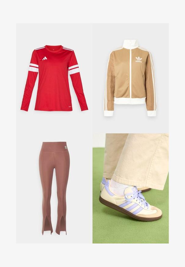 Tan zip-up jack met witte accenten en drie witte strepen op de mouwen. Heeft een gestructureerd geweven ontwerp op één mouw. Adidas-logo op de borst.; Rood sportshirt met lange mouwen van soepel stof, voorzien van witte strepen op de mouwen en een logo op de borst. Ronde halslijn.; Bruine high-waisted leggings met zijslits aan de zoom, gemaakt van rekbaar materiaal. Kenmerkt subtiele stiksels en een klein logo nabij de tailleband.; Crème- en lavendel-sneakers met drie strepen en een gestructureerde bruine zool, voorzien van veters en een gewatteerde hiel. Zachte stoffen bovenkant.