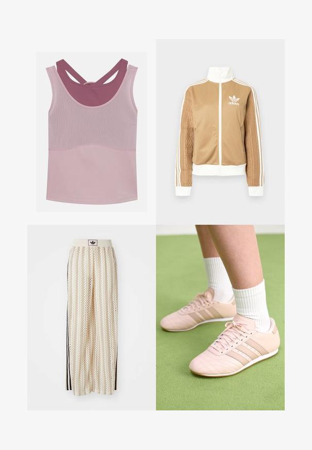 Hnedá mikina na zips s bielymi akcentmi a tromi bielymi pruhmi na rukávoch. Obsahuje textúrovaný tkaný vzor na jednom rukáve. Logo Adidas na hrudi.; Even&Odd active Top - light pink/mauve; Béžové nohavice s širokými nohavicami a zigzagovými vzormi, s čiernym logom na páse a bočnými čiernymi pruhmi. Ľahká, textúrovaná látka.; Svetloružové športové topánky s diagonálnym šitím, bielymi podrážkami a tromi bočnými pruhmi. Nosené s rebrovanými bielymi ponožkami na zelenej ploche.