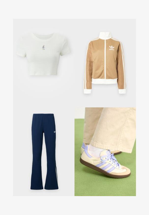 Tan zip-up jacket with white accents and three white stripes on sleeves. Features textured woven design on one sleeve. Adidas logo on chest.; Cropped white t-shirt made from soft fabric, featuring a small embroidered cartoon character on the chest, short sleeves, and a rounded neckline.; Navy blue ribbed flared track pants with white side stripes and an embroidered logo on the left side, featuring two side pockets.; Cream and lavender sneakers with three stripes and a textured brown sole, featuring laces and a padded heel. Soft fabric upper.