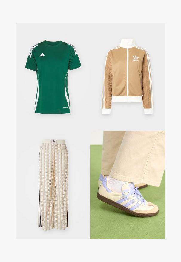 Brązowa kurtka zapinana na zamek błyskawiczny z białymi akcentami i trzema białymi paskami na rękawach. Posiada teksturowany wpleciony wzór na jednym z rękawów. Logo Adidas na klatce piersiowej.; Zielona koszulka sportowa wykonana z materiału odprowadzającego wilgoć, z białymi paskami po bokach, okrągłym dekoltem oraz logiem Adidas na górnej lewej stronie.; Kremowe szerokie spodnie w stylu palazzo z wzorem w zygzak, z czarnym paskiem z logo oraz bocznymi czarnymi paskami. Lekki, teksturowany materiał.; Kremowe i lawendowe trampki z trzema paskami oraz teksturowaną brązową podeszwą, wyposażone w sznurówki i wyścieloną piętę. Górna część z miękkiego materiału.