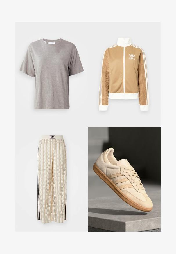 Tan zip-up jacket with white accents and three white stripes on sleeves. Features textured woven design on one sleeve. Adidas logo on chest.; Light gray short-sleeve t-shirt made of soft fabric, featuring a round neckline and a relaxed fit with no prominent patterns or accents.; Cream-colored wide-leg pants with a zigzag pattern, featuring a black logo waistband and side black stripes. Lightweight, textured fabric.; Light beige suede sneaker with gum outsole, three diagonal stripes, and a textured toe cap. Features logo on the tongue and side.