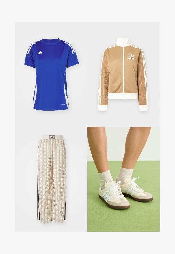 Hnedá mikina na zips s bielymi akcentmi a tromi bielymi pruhmi na rukávoch. Obsahuje textúrovaný tkaný vzor na jednom rukáve. Logo Adidas na hrudi.; Modrá športová tričko s bielymi pruhmi na pleciach, so zaobleným výstrihom a štítkom "AEROREADY" na leme. Vyrobené z hladkej, ľahkej tkaniny.; Béžové nohavice s širokými nohavicami a zigzagovými vzormi, s čiernym logom na páse a bočnými čiernymi pruhmi. Ľahká, textúrovaná látka.; Samba tenisky s krémovo-bežovou farebnou schémou, s tromi svetlomodrými pruhmi, bielymi šnúrkami a hnedými gumovými podrážkami.