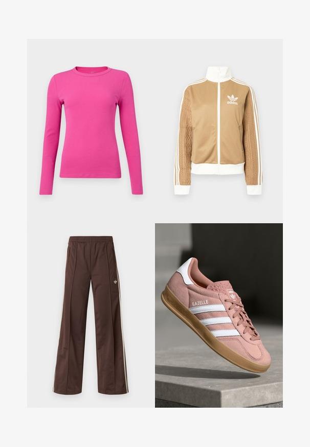 Brun zip-up jakke med hvite detaljer og tre hvite striper på ermene. Har et teksturert vevd design på den ene ermen. Adidas-logo på brystet.; GAP ESSENTIAL - Topper langermet - happy pink; Brune treningsbukser med vid ben-design, hvite sidestriper, elastisk midje og to sidelommer. Har en liten logo på benet.; Rosa semskesneaker med hvite striper, gummisåle, teksturert overdel og logo på tungen. Klassisk lavt design.