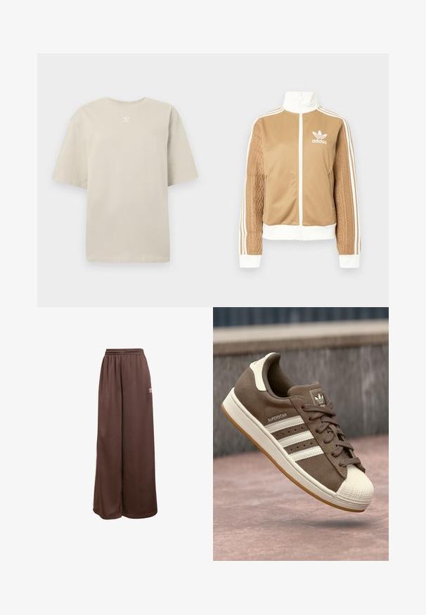Tan zip-up jack met witte accenten en drie witte strepen op de mouwen. Heeft een gestructureerd geweven ontwerp op één mouw. Adidas-logo op de borst.; Beige T-shirt met korte mouwen van katoen, met een ronde hals en een klein wit Adidas-logo op de borst gedrukt. Zachte textuur, ontspannen pasvorm.; adidas Originals Trainingsbroek - auburn cream white; Bruine suède sneakers met witte strepen, crème accenten en een rubberen shellneus. Voorzien van een vetersluiting en een textuur van gumzool.