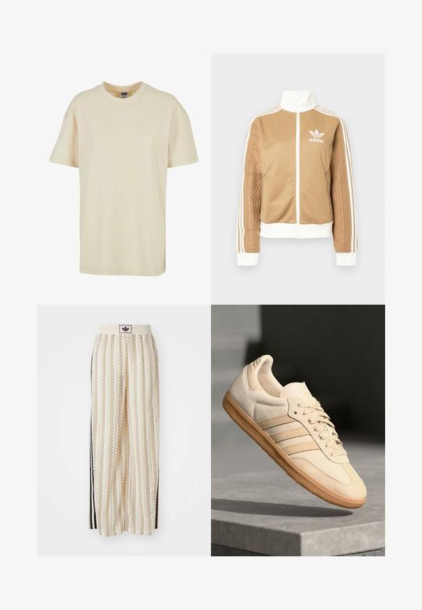 Tan zip-up jack met witte accenten en drie witte strepen op de mouwen. Heeft een gestructureerd geweven ontwerp op één mouw. Adidas-logo op de borst.; Crème kleurige crewneck t-shirt van zacht katoen. Heeft korte mouwen en een relaxte pasvorm zonder zichtbare patronen of accenten.; Crème kleurige wijde broek met een zigzagpatroon, met een zwarte logo tailleband en zij zwarte strepen. Lichtgewicht, gestructureerde stof.; Lichtbeige suède sneaker met een gumrubberen buitenzool, drie diagonale strepen en een textuur op de neus. Voorzien van een logo op de tong en de zijkant.