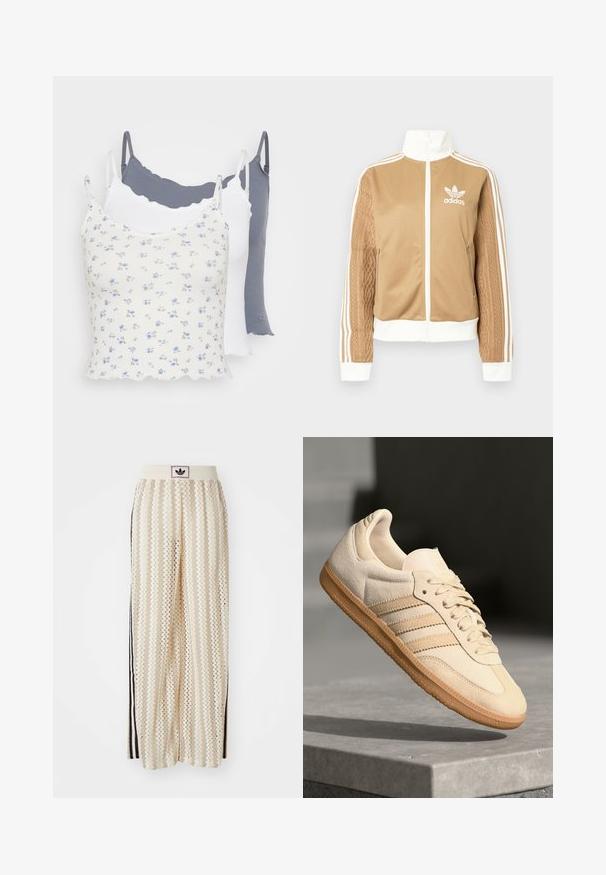 Hnedá mikina na zips s bielymi akcentmi a tromi bielymi pruhmi na rukávoch. Obsahuje textúrovaný tkaný vzor na jednom rukáve. Logo Adidas na hrudi.; Tričko s tenkými ramienkami: biele s modrým kvetinovým vzorom, celkom biele a celkom tmavošedé. Má tenké ramienka a vlnitý lem.; Béžové nohavice s širokými nohavicami a zigzagovými vzormi, s čiernym logom na páse a bočnými čiernymi pruhmi. Ľahká, textúrovaná látka.; Svetlo béžová semišová teniska s gumovou podrážkou, tromi diagonálnymi pruhmi a textúrovaným špičkovým krytom. Obsahuje logo na jazyku a boku.