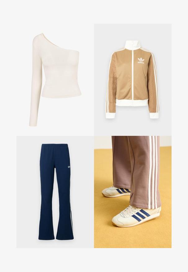 Jachetă zip-up de culoare bej cu accente albe și trei dungi albe pe mâneci. Prezintă un design țesut texturat pe o mânecă. Logo-ul Adidas pe piept.; Top cu mânecă lungă de culoare bej deschis, cu o parte tăiată. Material neted și elastic; designul ajustat evidențiază silueta. Fără modele sau embellishements.; Pantaloni sportivi evazați bleumarin cu dungi albe laterale și logo brodat pe partea stângă, prevăzuți cu două buzunare laterale.; Sneakers crem cu dungi din suede bleu, șireturi albe și talpă din cauciuc. Asortați cu pantaloni de trening gri cu dungi albe pe laterale.