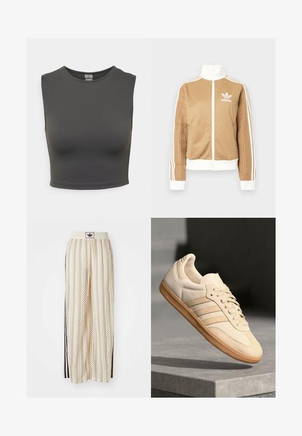 Jachetă zip-up de culoare bej cu accente albe și trei dungi albe pe mâneci. Prezintă un design țesut texturat pe o mânecă. Logo-ul Adidas pe piept.; Top scurt fără mâneci, de culoare gri închis, fabricat dintr-un material neted și elastic; prezintă un decolteu rotund și o siluetă mulată.; Pantaloni largi de culoare crem, cu un model în zigzag, având un brâu cu logo negru și dungi laterale negre. Material ușor, texturat.; Sneaker din suède bej deschis, cu talpă din cauciuc, trei dungi diagonale și o capacă texturată pentru degete. Prezintă logo pe limbă și pe lateral.