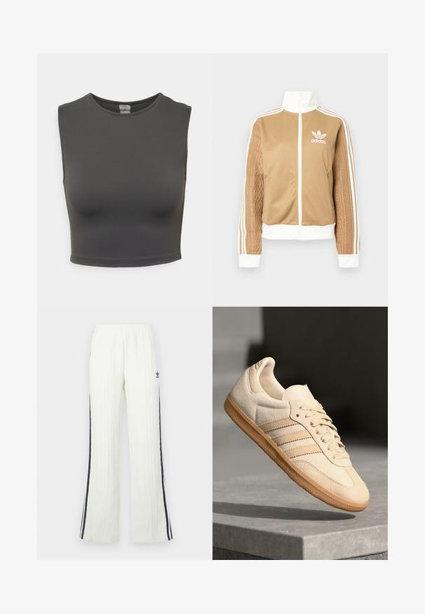 Jachetă zip-up de culoare bej cu accente albe și trei dungi albe pe mâneci. Prezintă un design țesut texturat pe o mânecă. Logo-ul Adidas pe piept.; Top scurt fără mâneci, de culoare gri închis, fabricat dintr-un material neted și elastic; prezintă un decolteu rotund și o siluetă mulată.; Pantaloni tricotati crem deschis, cu design evazat. Prezintă dungi laterale albastre închise și un logo Adidas pe șold. Talie elastică.; Sneaker din suède bej deschis, cu talpă din cauciuc, trei dungi diagonale și o capacă texturată pentru degete. Prezintă logo pe limbă și pe lateral.