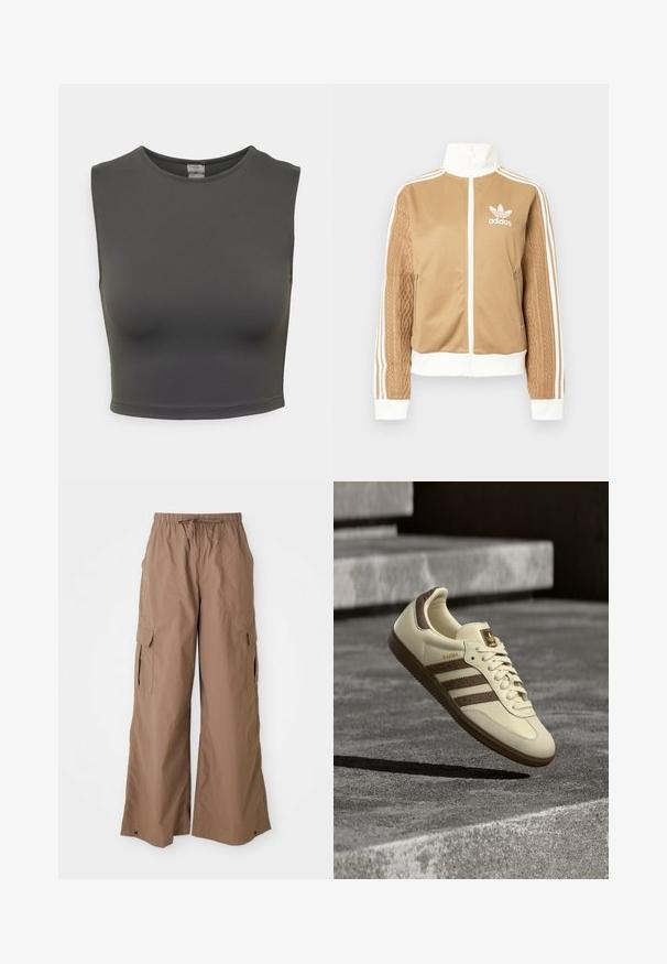 Tamni zip-up jakna s bijelim naglascima i tri bijele pruge na rukavima. Ima teksturirani tkaninski uzorak na jednom rukavu. Adidas logo na prsima.; Tamno siva kratka majica bez rukava napravljena od glatkog, rastezljivog materijala; ima okrugli izrez i uski kroj.; Smeđe široke cargo hlače s elastičnim pojasom i bočnim preklopnim džepovima, širokog kroja, prikazane na bijeloj pozadini.; Tenisica krem boje sa smeđim detaljima, teksturiranim bočnim prugama i glatkom kožnom završnom obradom. Ima pertlanje i gumeni potplat.