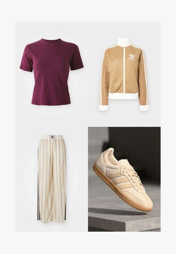 Giacca a zip tan con accenti bianchi e tre strisce bianche sulle maniche. Presenta un design tessuto testo su una manica. Logo Adidas sul petto.; T-shirt a maniche corte in cotone ribbed color bordeaux con colletto rotondo e un leggero logo ricamato sul lato sinistro del petto.; Pantaloni a gamba larga color crema con un motivo a zigzag, dotati di una fascia in vita nera con logo e strisce nere laterali. Tessuto leggero e testurizzato.; Sneaker in suede beige chiaro con suola in gomma, tre strisce diagonali e punta con texture. Presenta il logo sulla linguetta e sul lato.
