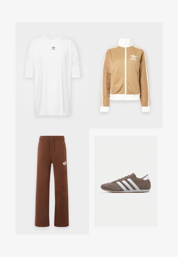 Casaco de fecho éclair em tom de bege com detalhes brancos e três riscas brancas nas mangas. Apresenta um design texturizado na trama de uma das mangas. Logotipo da Adidas no peito.; adidas Originals TEE - T-shirt básica - cloud white; Calças de moletão castanhas em tecido suave com um corte descontraído, apresentando um cós elástico, cordão ajustável e um logótipo branco na coxa esquerda.; Sapatilha de desporto de camurça castanha com riscas brancas, biqueira redonda, design de atacadores e sola de borracha de goma. Parte superior texturizada com detalhes em costura.