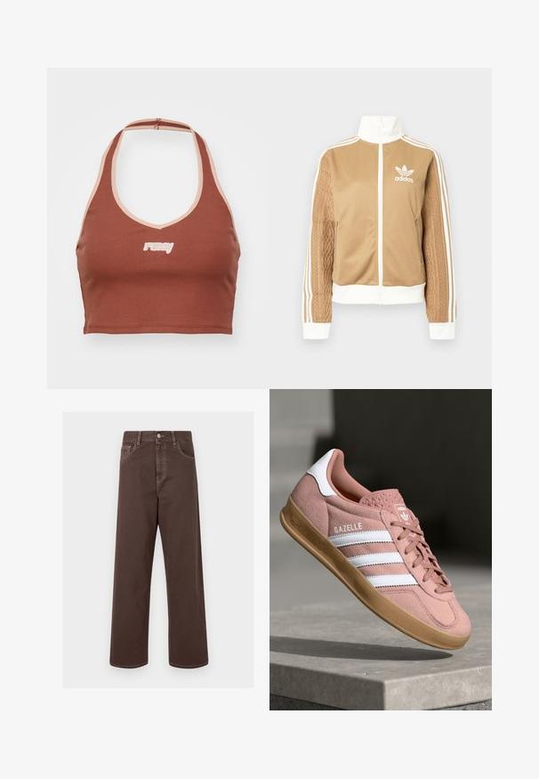 Tan zip-up jacket with white accents and three white stripes on sleeves. Features textured woven design on one sleeve. Adidas logo on chest.; Brown ribbed crop top with a halter neck design, contrasting light pink trim, and "ruby" logo embroidered in white on the front.; Brown wide-leg denim pants with contrasting stitching, five pockets, and a metal button closure. Smooth texture, straight cut.; Pink suede sneaker with white stripes, rubber gum sole, textured upper, and logo on tongue. Classic low-top design.