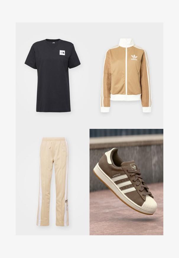 Tan zip-up jack met witte accenten en drie witte strepen op de mouwen. Heeft een gestructureerd geweven ontwerp op één mouw. Adidas-logo op de borst.; Zwarte katoenen t-shirt met korte mouwen, ronde hals en een klein wit logo op de borst. Eenvoudig ontwerp met een losse pasvorm.; adidas Originals BREAK - Trainingsbroek - magic beige; Bruine suède sneakers met witte strepen, crème accenten en een rubberen shellneus. Voorzien van een vetersluiting en een textuur van gumzool.