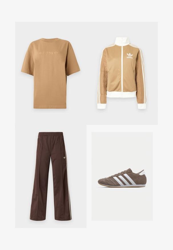 Barna, cipzáras dzseki fehér díszítésekkel és három fehér csíkkal a hajtókákon. Az egyik hajtókán texturált szövet mintázat található. Az Adidas logo a mellkason.; Barna pamut póló rövid ujjakkal és kerek nyakkivágással. Jellemzője a kiemelkedő "adidas" logó és a harmadik levél embléma, mindkettő azonos színben.; Barna sportnadrág széles szárú kialakítással, fehér oldalsávokkal, rugalmas derékpánttal és két oldalzsebbel. Kis logó található a lábon.; Barna velúr sportcipő fehér csíkokkal, kerek orral, fűzős kialakítással és gumitalppal. Textúrázott felsőrész varrási részletekkel.