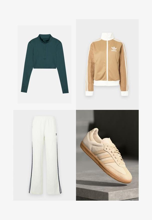 Jachetă zip-up de culoare bej cu accente albe și trei dungi albe pe mâneci. Prezintă un design țesut texturat pe o mânecă. Logo-ul Adidas pe piept.; Top scurt în nuanță de teal închis, cu mâneci lungi, guler înalt și fermoar pe jumătate, textură netedă, cusături întărite pe ș seamă.; Pantaloni tricotati crem deschis, cu design evazat. Prezintă dungi laterale albastre închise și un logo Adidas pe șold. Talie elastică.; Sneaker din suède bej deschis, cu talpă din cauciuc, trei dungi diagonale și o capacă texturată pentru degete. Prezintă logo pe limbă și pe lateral.