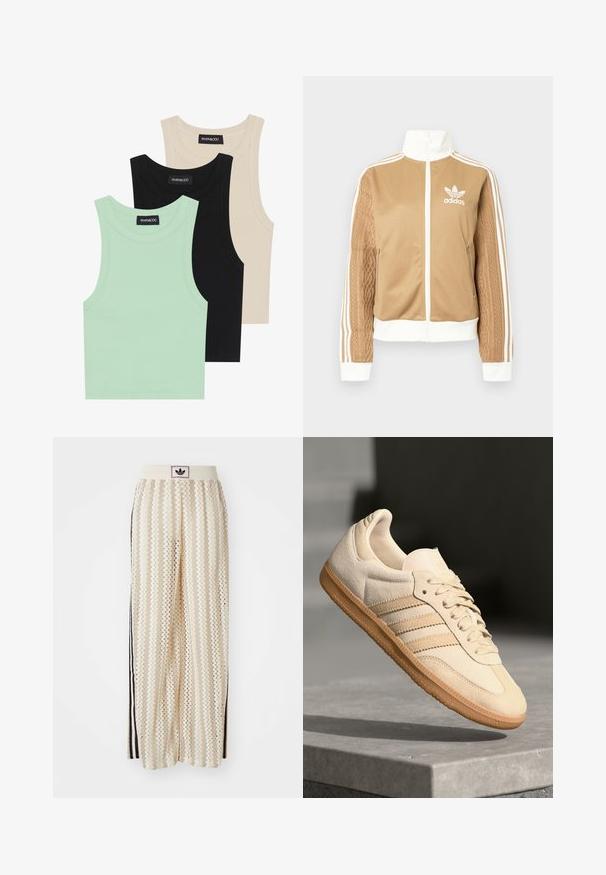 Tan zip-up jakke med hvide accenter og tre hvide striber på ærmerne. Har et tekstureret, vævet design på det ene ærme. Adidas-logo på brystet.; Tre tank toppe i mintgrøn, sort og beige; lavet af ribbet stof med rund hals og uden ærmer. Mærket er synligt.; Cremefarvede bukser med vidde, der har et zigzag-mønster, med en sort logoelastik i taljen og sorte striber på siden. Letvægtigt, tekstureret stof.; Lys beige ruskinds sneakers med gummisål, tre diagonale striber og en tekstureret tætsko. Har logo på tungen og siden.