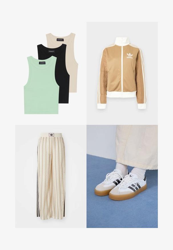 Tan zip-up jakke med hvide accenter og tre hvide striber på ærmerne. Har et tekstureret, vævet design på det ene ærme. Adidas-logo på brystet.; Tre tank toppe i mintgrøn, sort og beige; lavet af ribbet stof med rund hals og uden ærmer. Mærket er synligt.; Cremefarvede bukser med vidde, der har et zigzag-mønster, med en sort logoelastik i taljen og sorte striber på siden. Letvægtigt, tekstureret stof.; Hvide sneakers med sorte striber og beige ruskindsdetaljer. Har en tekstureret gummisål og flade hvide snørebånd, båret med lyse sokker.