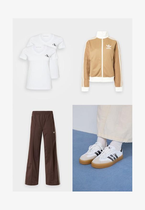 Tan zip-up jacket with white accents and three white stripes on sleeves. Features textured woven design on one sleeve. Adidas logo on chest.; White, short-sleeve v-neck t-shirts with a fitted design. Features Calvin Klein Jeans logo in black on the left chest. Soft cotton material.; Brown athletic pants with a wide-leg design, white side stripes, an elastic waistband, and two side pockets. Features small logo on the leg.; White sneakers with black stripes and beige suede accents. Feature a textured gum sole and flat white laces, worn with light-colored socks.