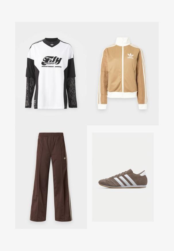 Barna, cipzáras dzseki fehér díszítésekkel és három fehér csíkkal a hajtókákon. Az egyik hajtókán texturált szövet mintázat található. Az Adidas logo a mellkason.; Fehér és fekete sportpóló hosszú csipkeujjakkal, fekete grafikával, amelyen a "Fly Tanzbar" felirat és egy Adidas logó található.; Barna sportnadrág széles szárú kialakítással, fehér oldalsávokkal, rugalmas derékpánttal és két oldalzsebbel. Kis logó található a lábon.; Barna velúr sportcipő fehér csíkokkal, kerek orral, fűzős kialakítással és gumitalppal. Textúrázott felsőrész varrási részletekkel.