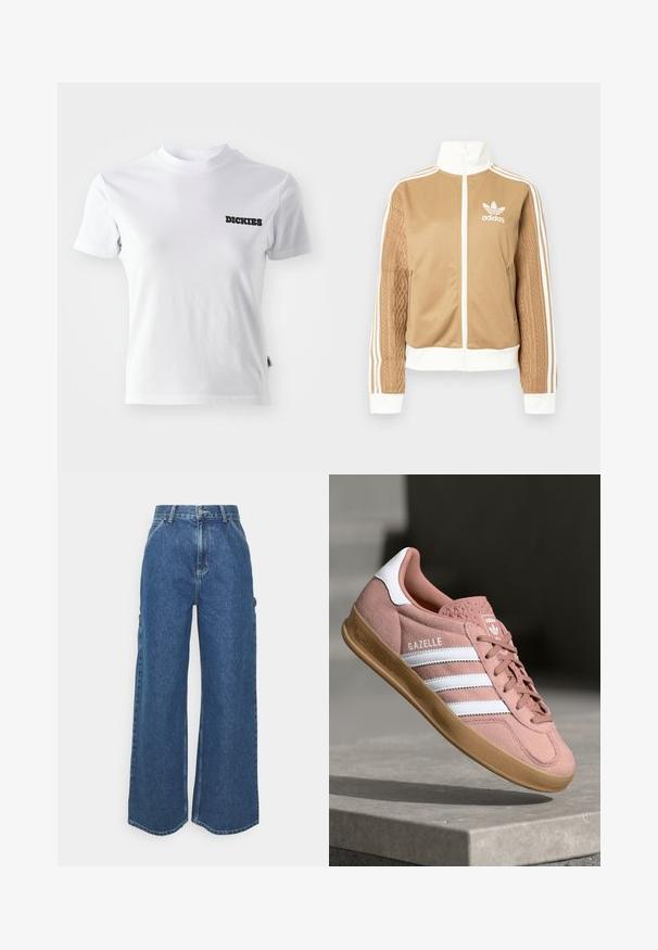 Tan zip-up jacket with white accents and three white stripes on sleeves. Features textured woven design on one sleeve. Adidas logo on chest.; White short-sleeve T-shirt made of cotton with a crew neck and black "DICKIES" logo on the left chest area. Smooth texture and fitted design.; Wide-leg blue denim trousers with a high waist, contrasting stitching, and side pockets, featuring a classic five-pocket design and raw hems.; Pink suede sneaker with white stripes, rubber gum sole, textured upper, and logo on tongue. Classic low-top design.