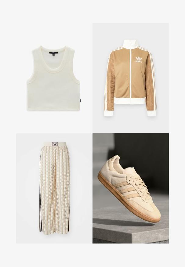 Tan-zip-Jacke mit weißen Akzenten und drei weißen Streifen an den Ärmeln. Besitzt ein strukturiertes Gewebedesign an einem Ärmel. Adidas-Logo auf der Brust.; Weißes geripptes Tanktop mit weitem Ausschnitt und Armlöchern. Verfügt über ein sichtbares Markenetikett am Hals und ein Seitenschild mit dem Markennamen.; Cremfarbene, weit geschnittene Hosen mit einem Zickzackmuster, ausgestattet mit einem schwarzen Logo-Bund und seitlichen schwarzen Streifen. Leichter, strukturierter Stoff.; Helle beigetöne Wildledersneaker mit Gumminsohle, drei schrägen Streifen und einer strukturierten Zehenkappe. Mit Logo auf der Zunge und der Seite.