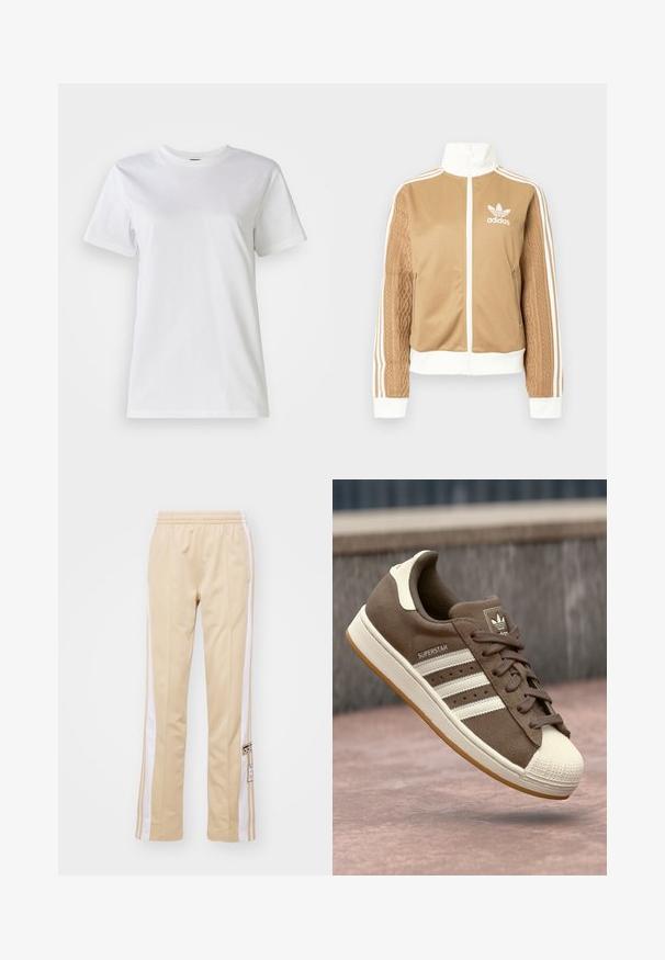 Brązowa kurtka zapinana na zamek błyskawiczny z białymi akcentami i trzema białymi paskami na rękawach. Posiada teksturowany wpleciony wzór na jednym z rękawów. Logo Adidas na klatce piersiowej.; Biała bawełniana koszulka z okrągłym dekoltem i krótkimi rękawami. Materiał jest gładki, o miękkiej teksturze, bez widocznych wzorów lub akcentów.; adidas Originals - Spodnie treningowe; Brązowe zamszowe sneakersy z białymi paskami, kremowymi akcentami i gumowym noskiem. Posiadają sznurowany dół i teksturowaną gumową podeszwę.