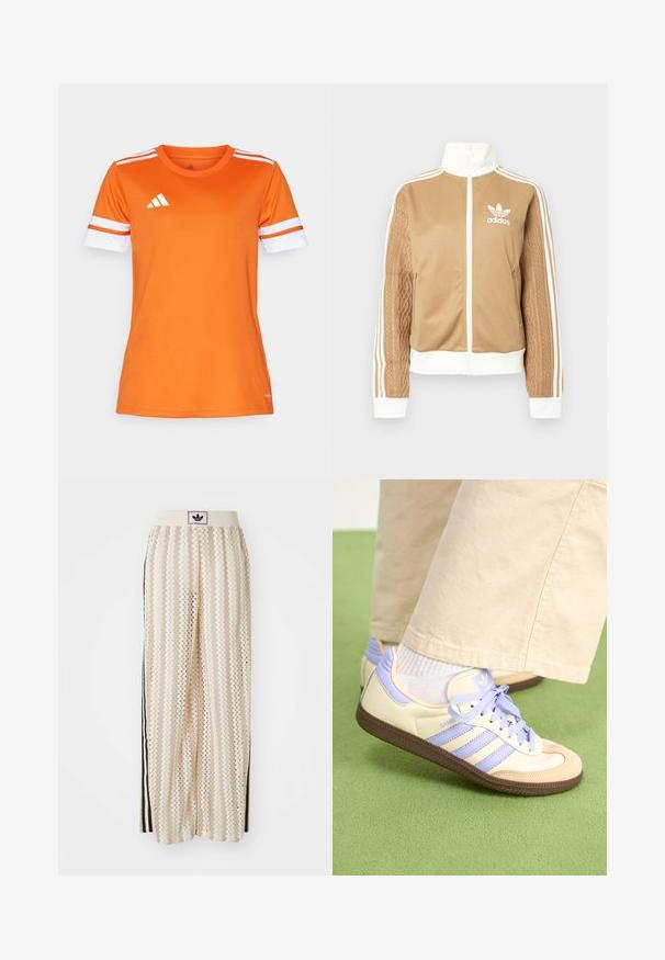 Tan zip-up jacket with white accents and three white stripes on sleeves. Features textured woven design on one sleeve. Adidas logo on chest.; Orange athletic shirt with white and orange striped sleeves, made of smooth fabric. Features the Adidas logo in white on the chest.; Cream-colored wide-leg pants with a zigzag pattern, featuring a black logo waistband and side black stripes. Lightweight, textured fabric.; Cream and lavender sneakers with three stripes and a textured brown sole, featuring laces and a padded heel. Soft fabric upper.