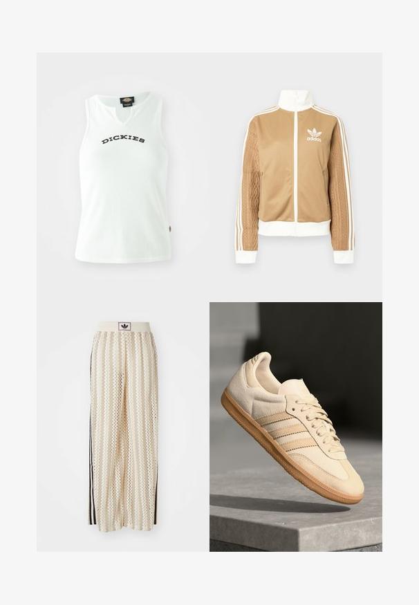 Casaco de fecho éclair em tom de bege com detalhes brancos e três riscas brancas nas mangas. Apresenta um design texturizado na trama de uma das mangas. Logotipo da Adidas no peito.; Camisola branca de algodão com sulcos e design em V, apresentando a palavra "DICKIES" em letras pretas em negrito na zona do peito. Sem mangas.; Calças largas de cor creme com um padrão em zigzag, apresentando uma cintura com logotipo preto e riscas laterais pretas. Tecido leve e texturizado.; Sapatilha de camurça bege clara com sola de borracha, três riscas diagonais e uma biqueira texturizada. Apresenta o logótipo na língua e na lateral.