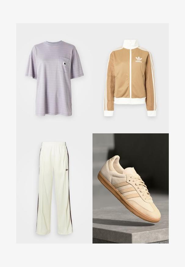 Giacca a zip tan con accenti bianchi e tre strisce bianche sulle maniche. Presenta un design tessuto testo su una manica. Logo Adidas sul petto.; T-shirt a maniche corte di colore lilla chiaro con sottili righe orizzontali e una tasca sul petto con un piccolo logo del marchio. Tessuto in cotone morbido.; Pantaloni sportivi color crema con vestibilità rilassata, caratterizzati da strisce laterali marrone scuro e un logo ricamato sulla coscia sinistra.; Sneaker in suede beige chiaro con suola in gomma, tre strisce diagonali e punta con texture. Presenta il logo sulla linguetta e sul lato.