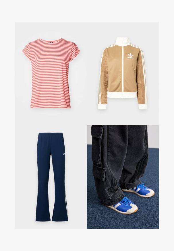 Veste zippée tan avec des accents blancs et trois rayures blanches sur les manches. Présente un design tissé texturé sur une manche. Logo Adidas sur la poitrine.; T-shirt rayé en corail et blanc, à manches courtes, en tissu doux, col rond, coupe décontractée, présentant des rayures horizontales uniformément espacées.; Pantalon de survêtement évasé côtelé bleu marine avec des rayures blanches sur les côtés et un logo brodé sur la côté gauche, doté de deux poches latérales.; Une personne portant un pantalon cargo noir ample et des baskets bleu et blanc se tient sur un tapis bleu foncé.