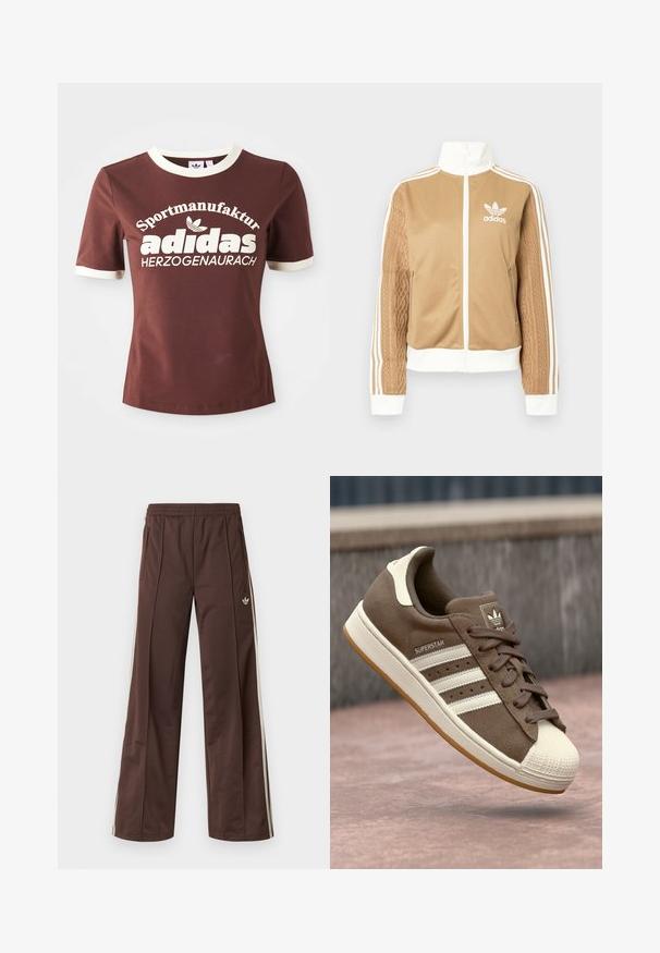 Tā tan krāsa zip-up jakas ar baltajiem akcentiem un trim baltām svītrām uz piedurknēm. Izceļas ar teksturētu aušanas dizainu uz vienas piedurknes. Adidas logo uz krūšu daļas.; Brūna īsām piedurknēm T-krekls ar krēmkrāsas apkakli un aprocēm. Uz tā ir lieli balti burti ar tekstu "Sportmanufactur adidas Herzogenaurach."; Brūnas sporta bikses ar platu kāju dizainu, baltām sānu svītrām, elastīgu jostasvietu un divām sānu kabatām. Uz kājas ir mazs logotips.; Brūni zamšādas sporta apavi ar baltām svītrām, krēmkrāsas akcentiem un gumijas purngalu. Piedāvā saistīšanas dizainu un teksturētu gumijas zoli.