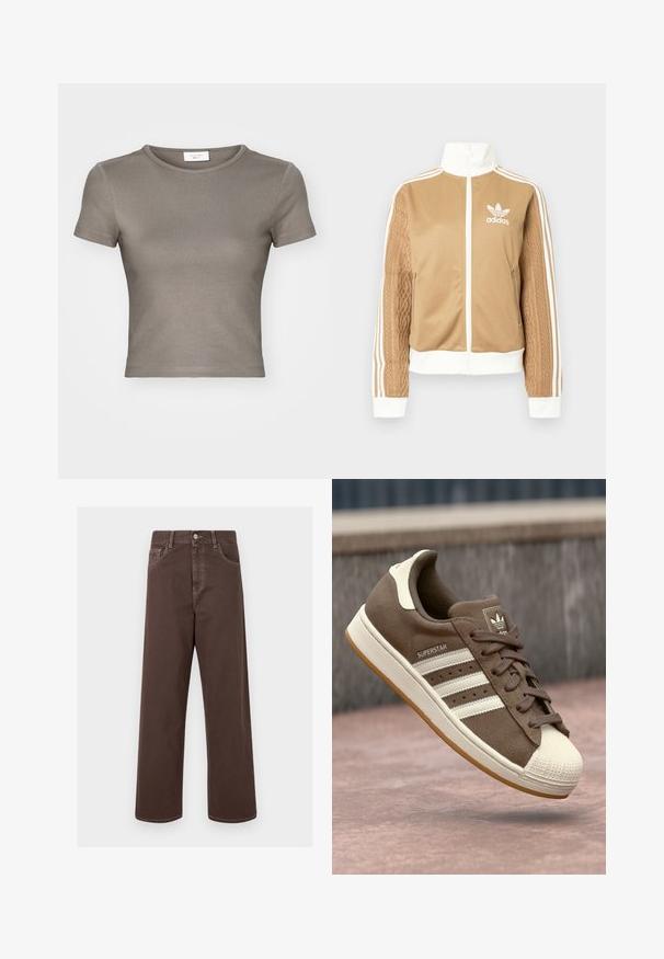 Barna, cipzáras dzseki fehér díszítésekkel és három fehér csíkkal a hajtókákon. Az egyik hajtókán texturált szövet mintázat található. Az Adidas logo a mellkason.; Rövid ujjú, kerek nyakú póló bézs színben, sima pamutból készült. Illeszkedő fazon jellemzi, finom varrással az alján és az ujjaknál.; Barna, bővített lábú farmernadrág kontrasztos varrással, öt zsebbel és fémből készült gombos záródással. Sima textúra, egyenes szabás.; Barna velúr sportcipő fehér csíkokkal, krém színű kiegészítőkkel és gumis orral. Csipkés kialakítással és texturált gumi talppal rendelkezik.