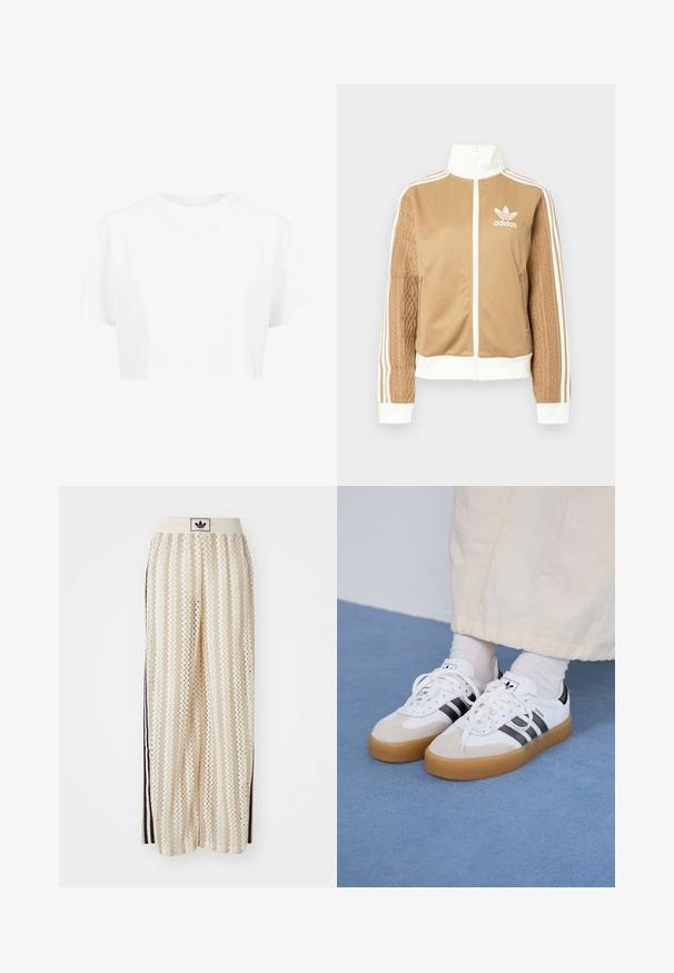Giacca a zip tan con accenti bianchi e tre strisce bianche sulle maniche. Presenta un design tessuto testo su una manica. Logo Adidas sul petto.; T-shirt bianco corto, maniche corte, scollatura rotonda, realizzato in tessuto liscio, senza motivi visibili o accessori distintivi.; Pantaloni a gamba larga color crema con un motivo a zigzag, dotati di una fascia in vita nera con logo e strisce nere laterali. Tessuto leggero e testurizzato.; Sneakers bianche con strisce nere e accenti in suede beige. Presentano una suola in gomma texturizzata e lacci bianchi piatti, indossate con calzini di colore chiaro.