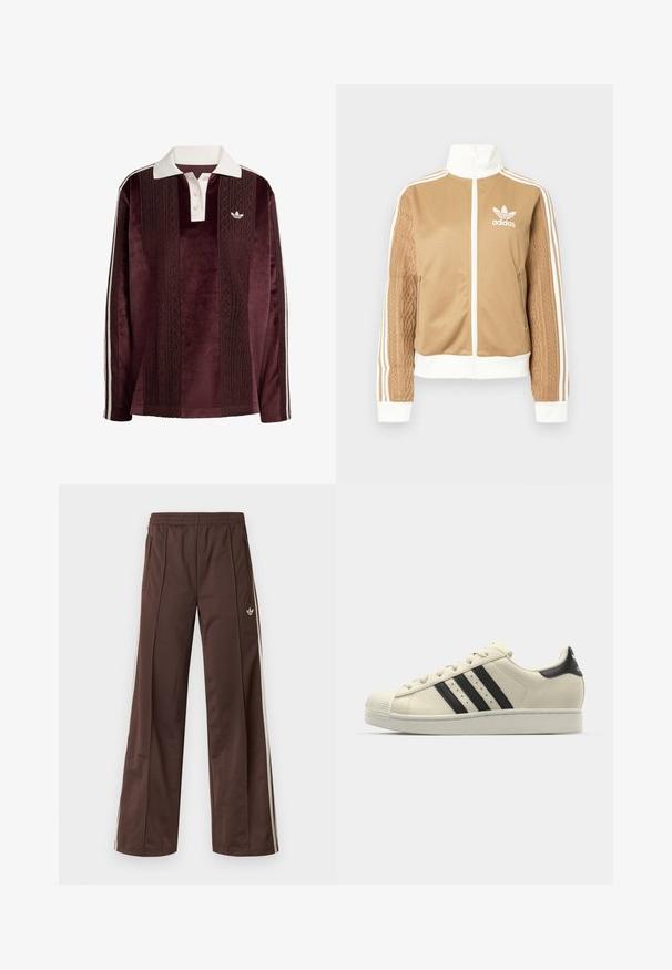 Tā tan krāsa zip-up jakas ar baltajiem akcentiem un trim baltām svītrām uz piedurknēm. Izceļas ar teksturētu aušanas dizainu uz vienas piedurknes. Adidas logo uz krūšu daļas.; Garšīgas piedurknes tumši sarkans velūra polo krekls ar baltu apkakli, pogu piegriezumu, teksturētām vertikālām svītrām, Adidas logo un baltām sānu svītrām.; Brūnas sporta bikses ar platu kāju dizainu, baltām sānu svītrām, elastīgu jostasvietu un divām sānu kabatām. Uz kājas ir mazs logotips.; Baltas ādas sporta apavi ar melnām svītrām, noapaļota purngala, gumijas zole, teksturēta virsma un saites sistēma. Satur logotipu uz papēža.