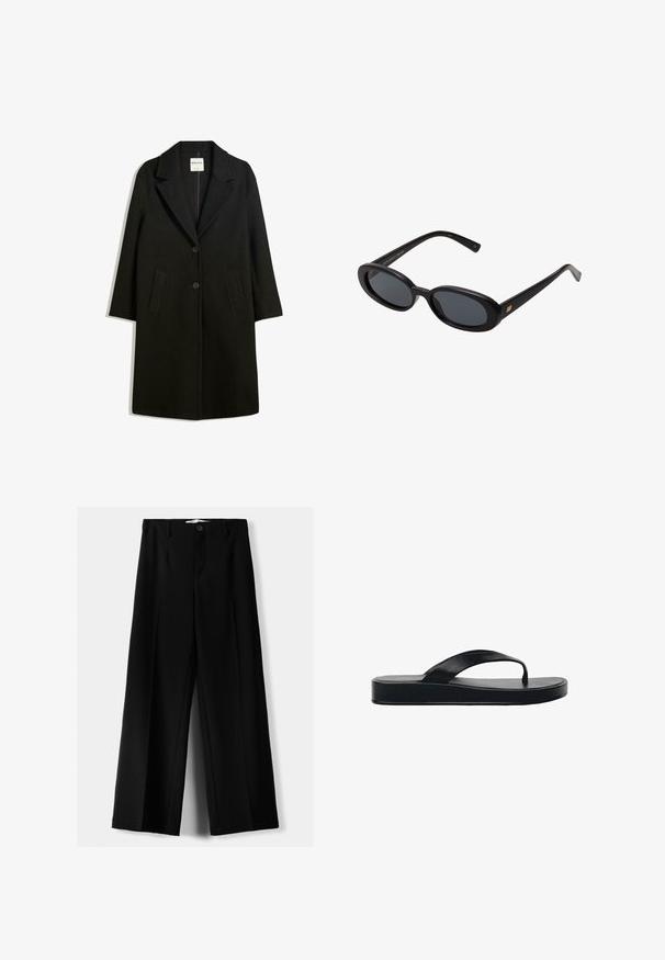 Zwarte jas met een omslagkraag, twee voorzakken en knoopsluiting. Gemaakt van zachte stof, met een rechte snit en een ontwerp tot op de knie.; Crème-kleurige gebreide trui met een zwart bergafbeelding en "PISTE" tekst. Beschikt over een hoge kraag en geribde manchetten met contrasterende strepen.; Zwarte wijde broek van lichtgewicht stof, met een knoopsluiting aan de voorkant en een vlakke achterkant, afgewerkt met keurig gestikte zoom.; Zwarte rubberen teenslipper met een platte zool, een gladde rubberen band en een minimalistisch ontwerp. Lichtgewicht met een gestroomlijnde vorm.; Zwarte oversized zonnebril met ovale lenzen, een glad plastic montuur en gouden accenten op de pootjes. Donkere lenzen bieden bescherming tegen de zon.