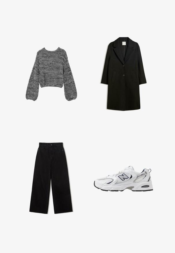 Manteau noir avec un col cranté, deux poches avant et fermeture à bouton. Fabriqué en tissu doux, présentant une silhouette droite et une longueur au genou.; Pull coupé en tricot noir et blanc. Coupe ample avec des manches larges et un motif texturé. Encolure ras du cou, ourlet inférieur élastique.; Jeans noirs à jambes larges en denim avec une taille haute, présentant un design à cinq poches et une fermeture à un bouton à l'avant.; B baskets blanches avec une tige en mesh, des accents bleu marine et une semelle rembourrée. Présente le logo "N", des lacets et un détail texturé sur le côté.