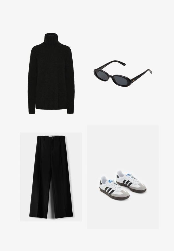 Crni kaput s otvorenim ovratnikom, dva prednja džepa i kopčanje na dugme. Napravljen od mekog materijala, s ravnim krojem i dizajnom do koljena.; Crni pulover s rol kragnom izrađen od mekog, teksturiranog materijala; slobodan kroj s rebrastim ovratnikom i manžetama. Dugi rukavi i bez vidljivih uzoraka.; Crne široke hlače izrađene od lagane tkanine, s prednjim zatvaranjem na dugme i ravnim prednjim dijelom, sa uredno šivenim rubovima.; Sportske cipele s gornjištem od bijele kože, sivi suedinasti nos i tri crne pruge. Imaju plavi logo na jeziku i teksturiranu gumenu podlogu.; Crne velike sunčane naočale s ovalnim staklima, glatkim plastičnim okvirom i zlatnim detaljima na sljepočnicama. Tamna stakla pružaju zaštitu od sunca.