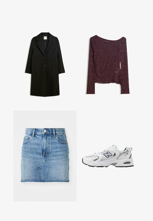 Fekete kabát, kiemelt gallérral, két elülső zsebbel és gombos záródással. Puha anyagból készült, egyenes sziluettel és térd alá érő fazonnal.; Csipkés, hosszú ujjú blúz sötét bordó színben, váll nélküli kivágással, virágmintával és enyhén áttetsző textúrával, egyenes szegéllyel.; A farmer mini szoknya világoskék színben, egyenes fazonú, öt zsebes kialakítással és gombos záródással rendelkezik, finom fakó textúrával.; Fehér sportcipő hálós felsőrészével, sötétkék kiegészítőkkel és párnázott talppal. Jellemzője az "N" logó, a fűzők és a textúrázott részlet az oldalon.